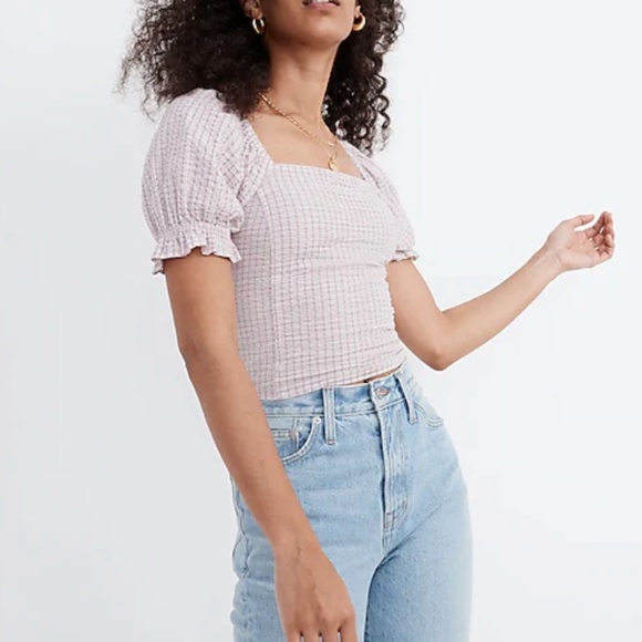 Madewell SEERSUCKER HOPEWELL PUFF-SLEEVE CROP TOP IN PLAID Lilac Purple Smocked - Picture 1 of 6